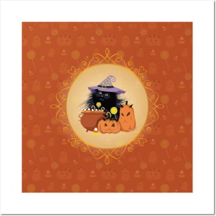 Black Cat Salem Halloween Orange Posters and Art